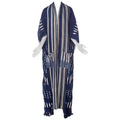 Morphew Collection African Handwoven Tie-dye Indigo Robe with Striped Collar