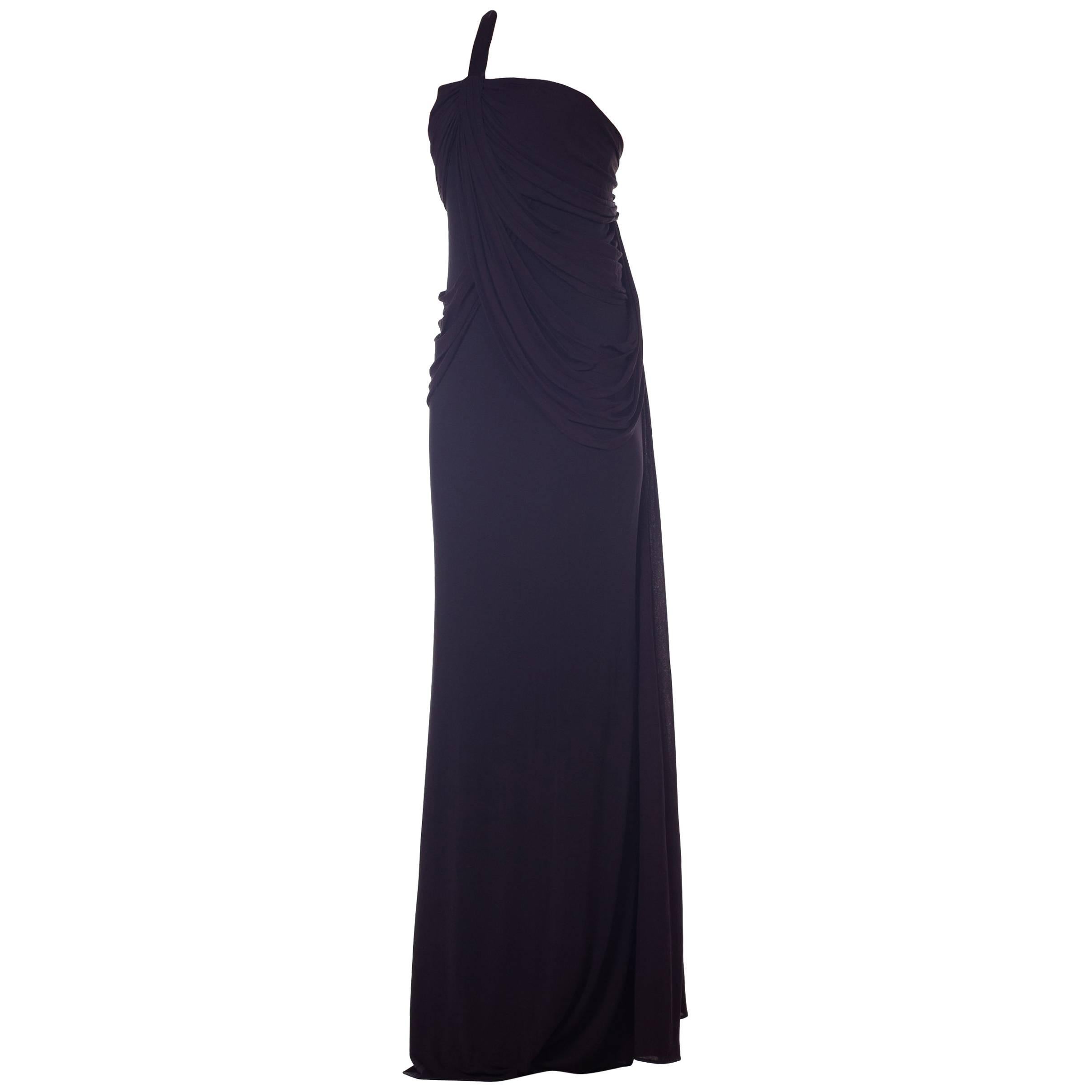 2000S Black Poly/Viscose Jersey Slinky Asymmetrically Draped Gown For Sale