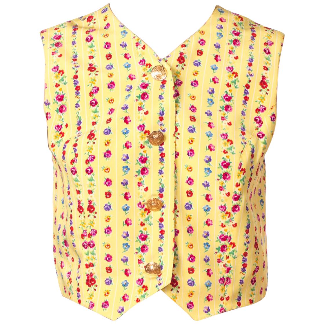 1990S GIANNI VERSACE Yellow Silk Floral Stripe Cotton Lined Vest Top With Gold 