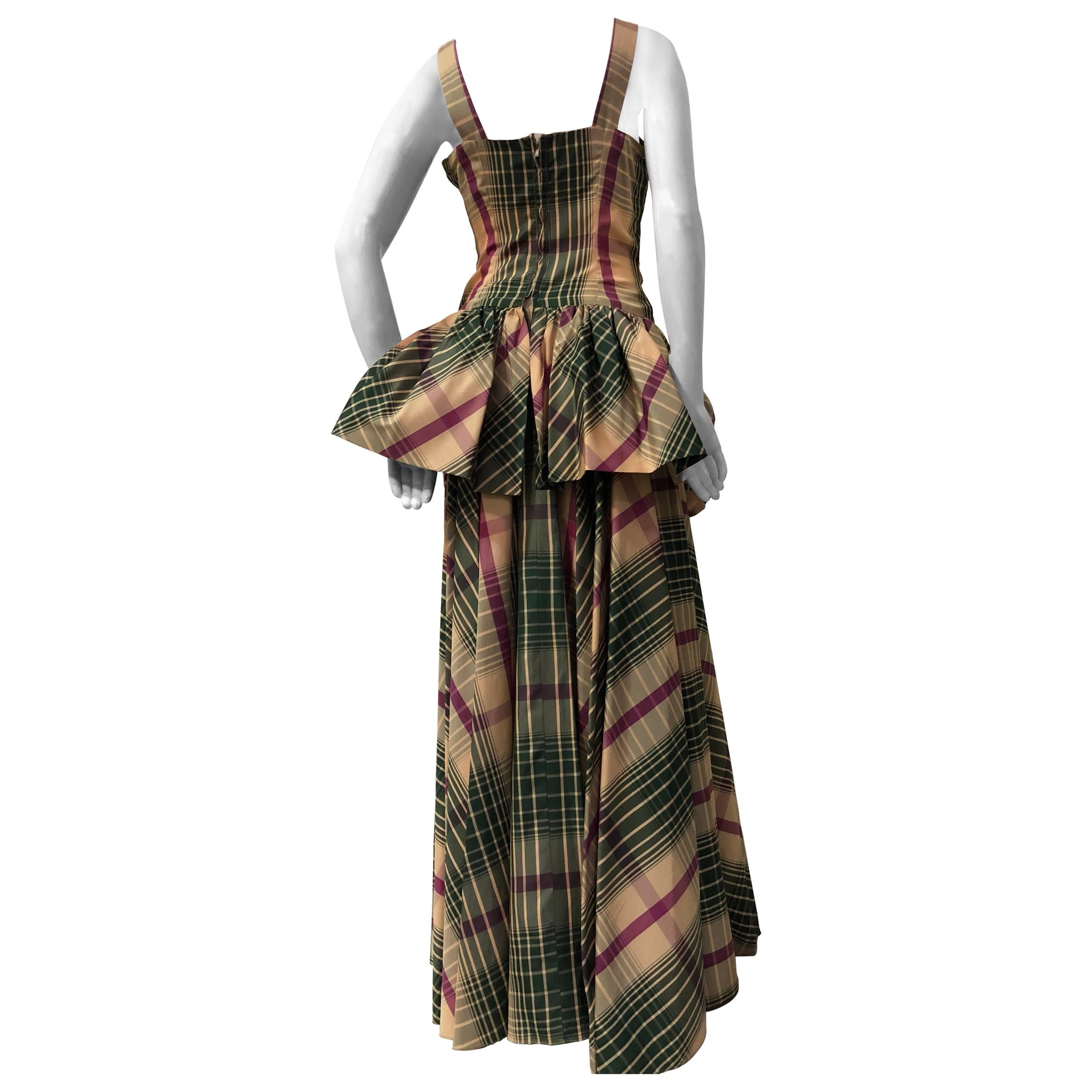 1940s Jourdelle Of Hollywood Originals Plaid Taffeta Bustle-Back Peplum Gown