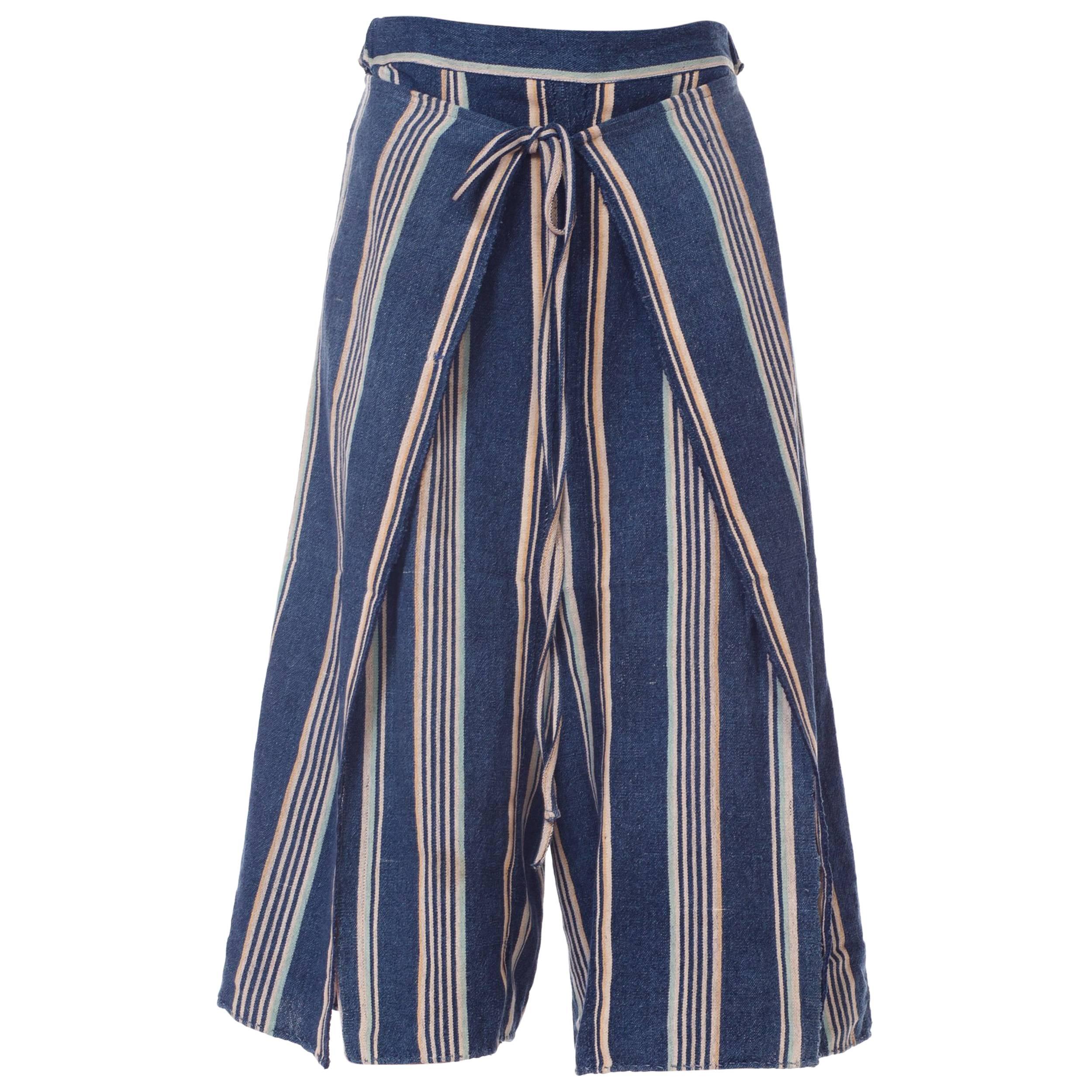 Morphew Blue and White Striped Handwoven African Indigo Wrap Pants