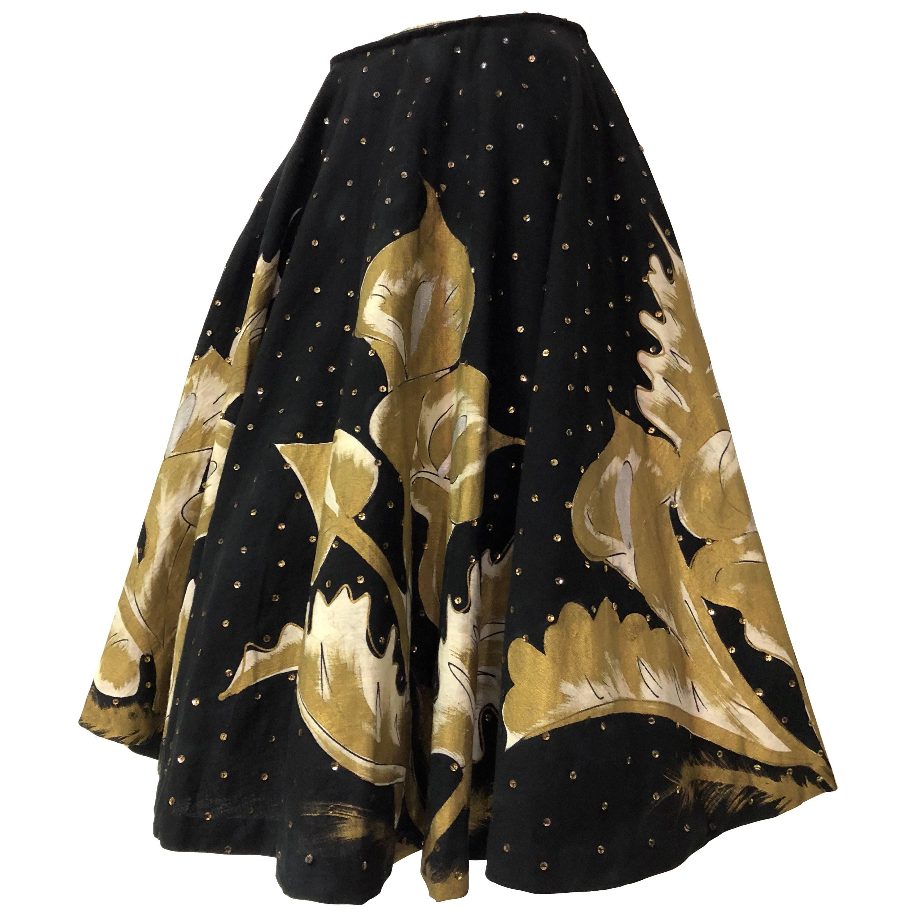 1950s Hand- Painted Black & Gold Sequin Mexican Circle Skirt With Calla Lilies 