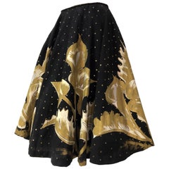 1950s Hand- Painted Black & Gold Sequin Mexican Circle Skirt With Calla Lilies