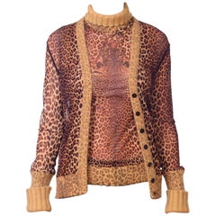 2000S JEAN PAUL GAULTIER Leopard Mesh Top And Cardigan Ensemble With Angora Trim