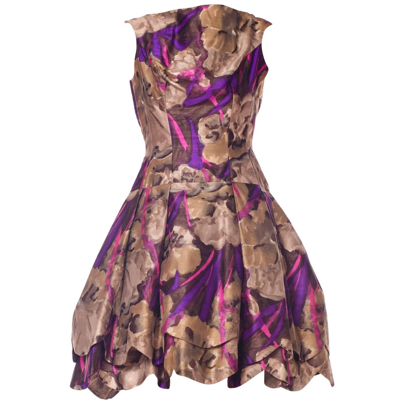 1950S Sepia & Purple Silk  Abstract Floral Dress With Petaled Drop-Waist Skirt