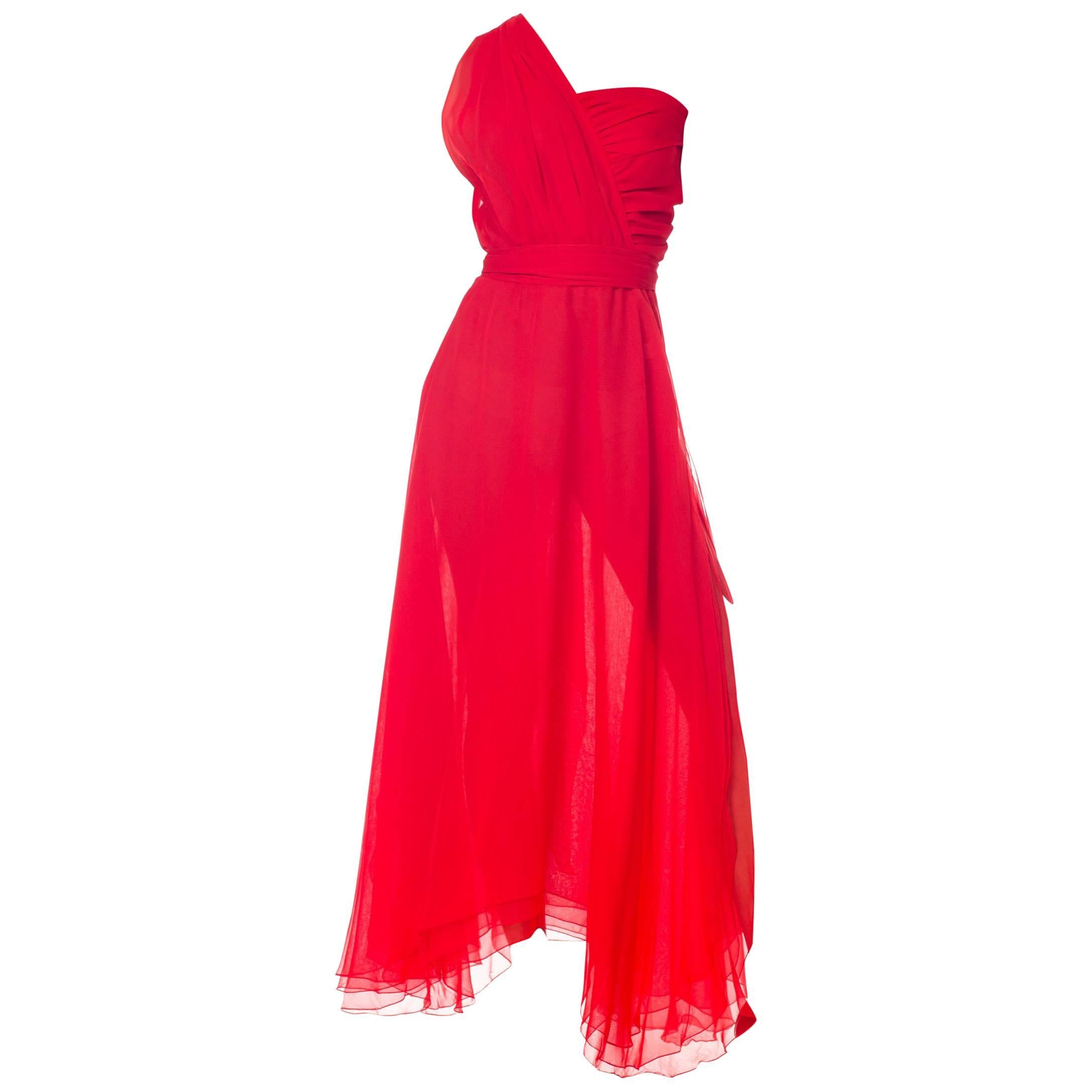 Stephen Burrows Draped Red Chiffon Dress with Slit, 1970s at 1stDibs