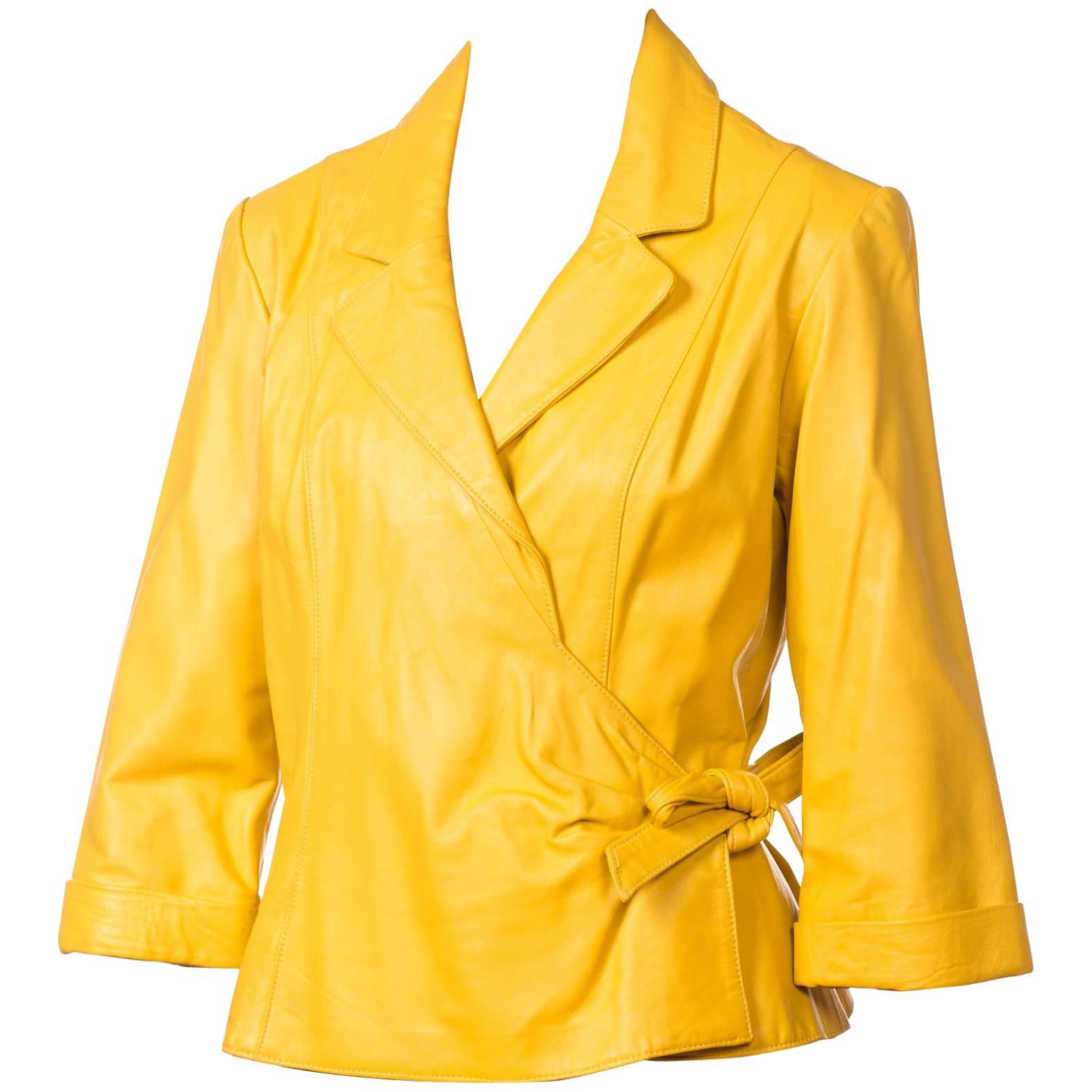 1980s Yellow Leather Wrap Front Shirt Jacket 