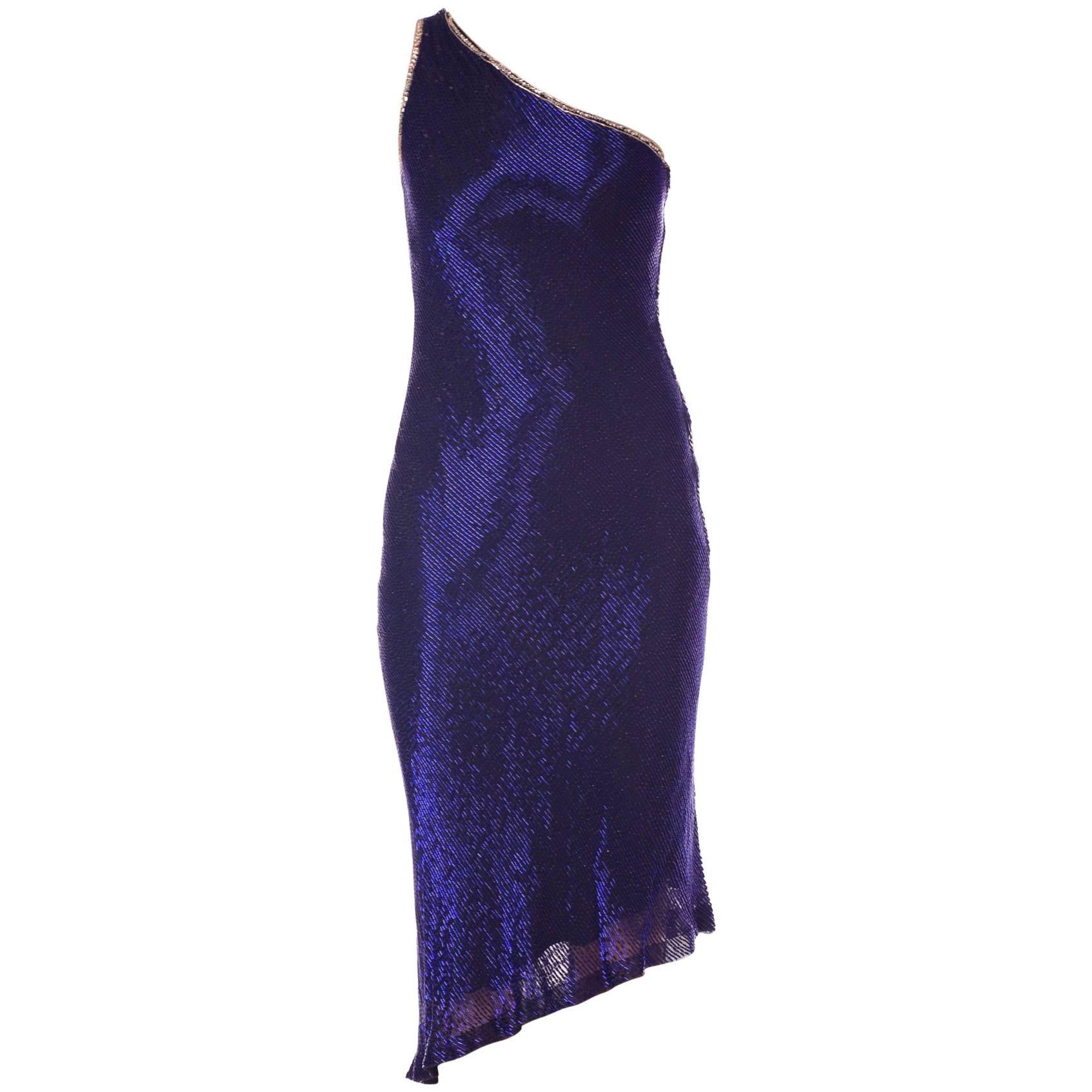 1970S Black Bias Cut Silk Chiffon One Shoulder Cobalt Blue Beaded Cocktail Dress For Sale