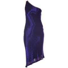 Retro 1970S Black Bias Cut Silk Chiffon One Shoulder Cobalt Blue Beaded Cocktail Dress