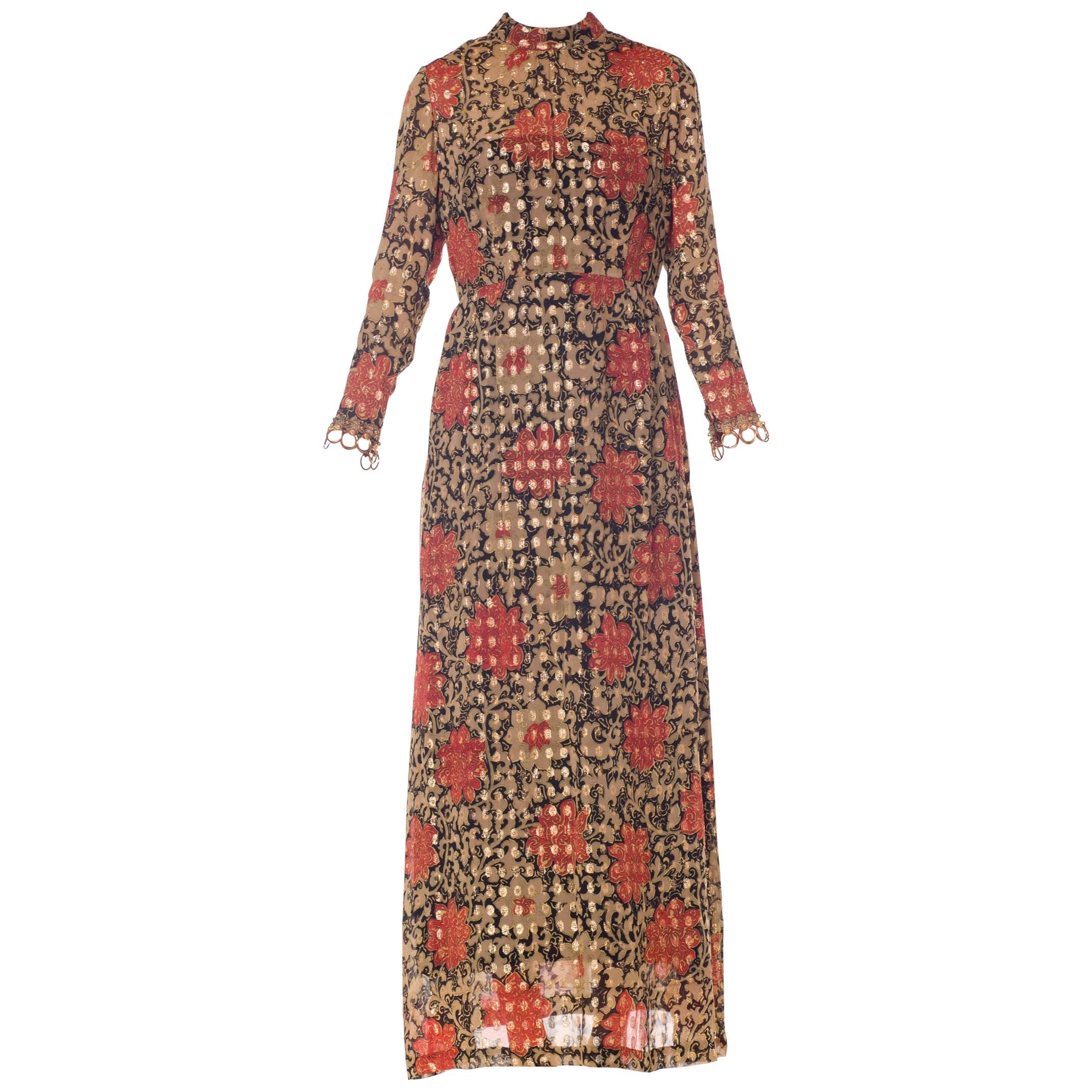 Oscar De La Renta Long Sleeved Lurex Jacquard Floral Print Dress, 1960s 