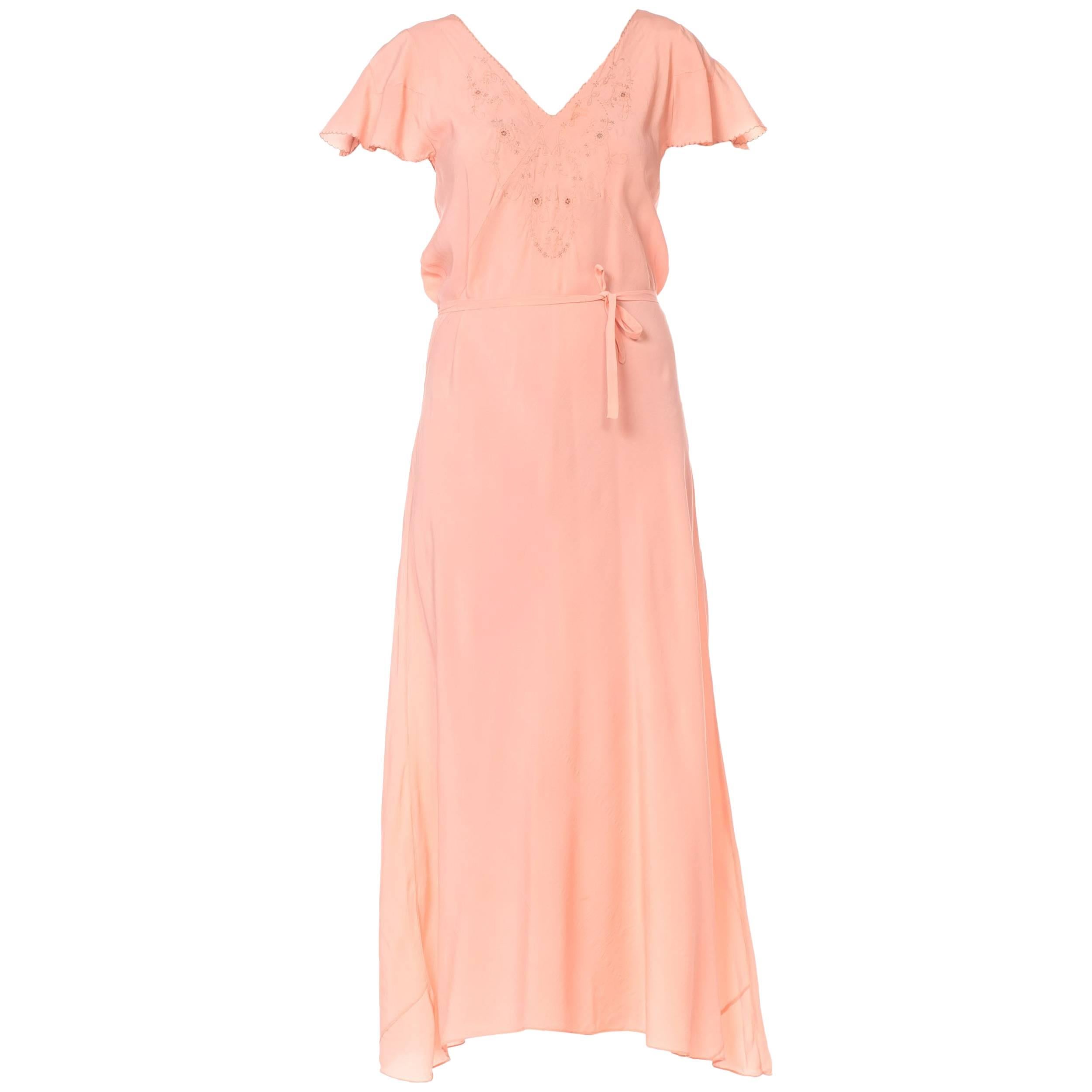 1930S Peach Bias Cut Silk Crepe De Chine Flutter Sleeve Couture Hand Sewn Negli For Sale