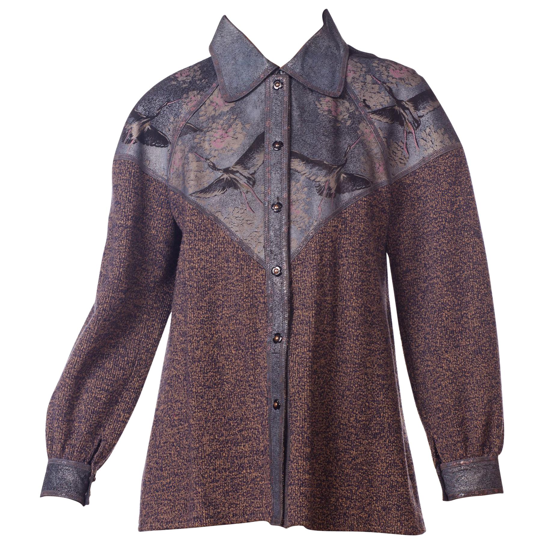 Roberto Cavalli Knit Sweater Jacket with Bird Printed Suede Panels