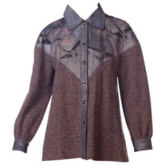 Vintage Roberto Cavalli Knit Sweater Jacket with Bird Printed Suede Panels