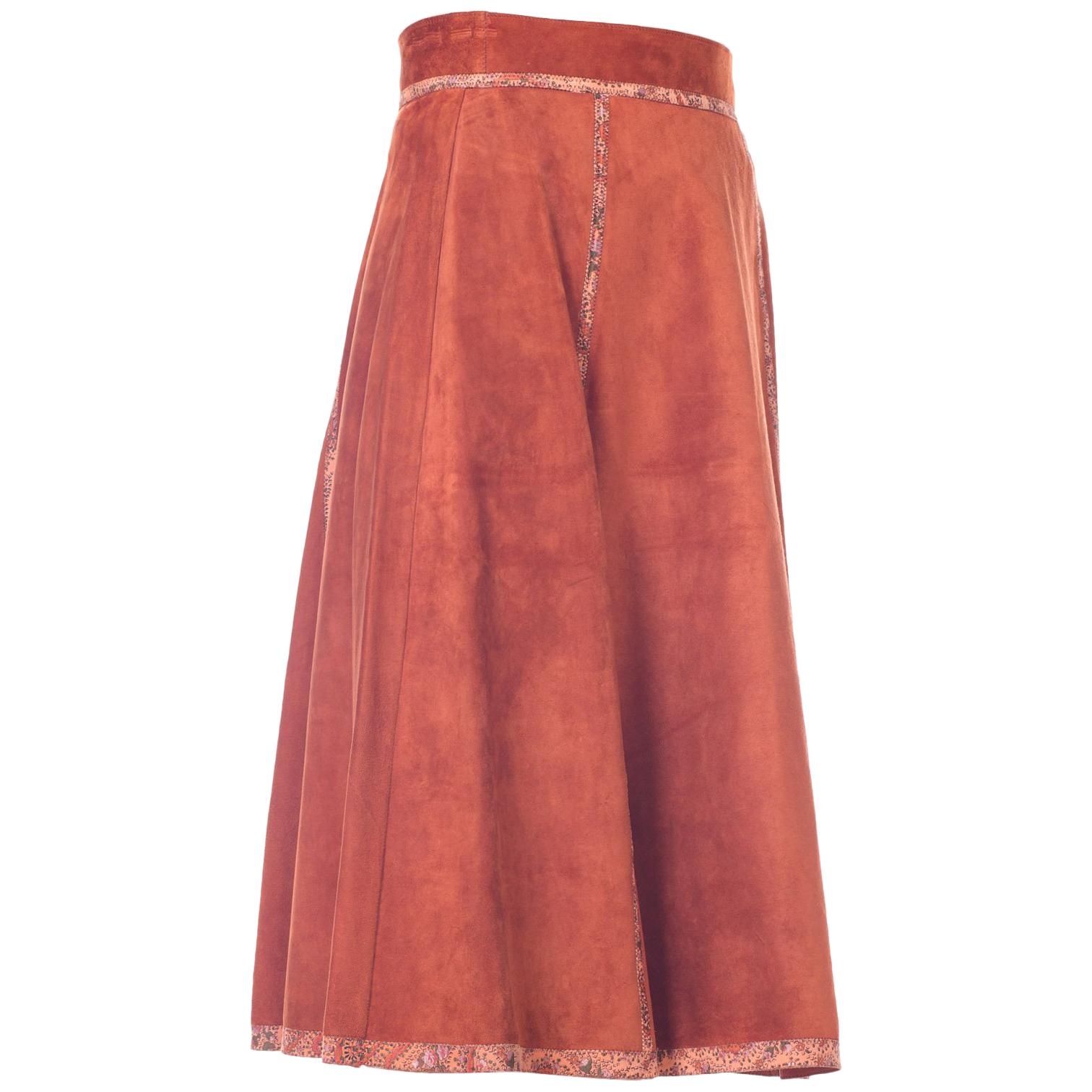 Roberto Cavalli Brown Suede Midi Skirt with Floral Leather Printed Trim 1970s