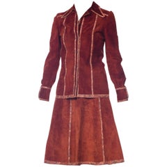 Roberto Cavalli Cognac Suede with Print Panels Jacket and Skirt Set