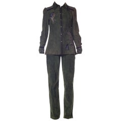 Retro Roberto Cavalli Green Suede Pants and Jacket Set with Printed Panels 