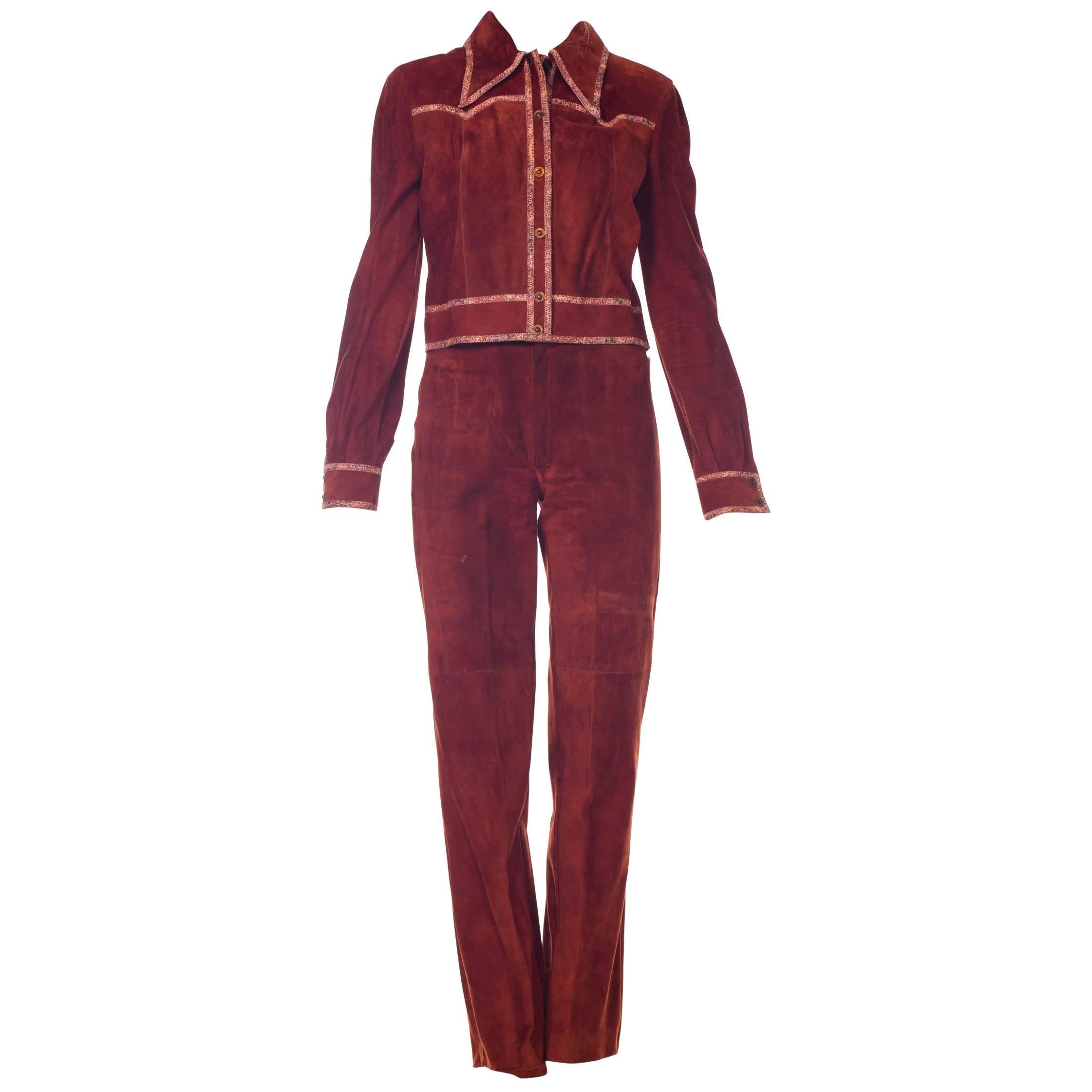 Roberto Cavalli Cognac Suede Pants and Jacket set with printed trims