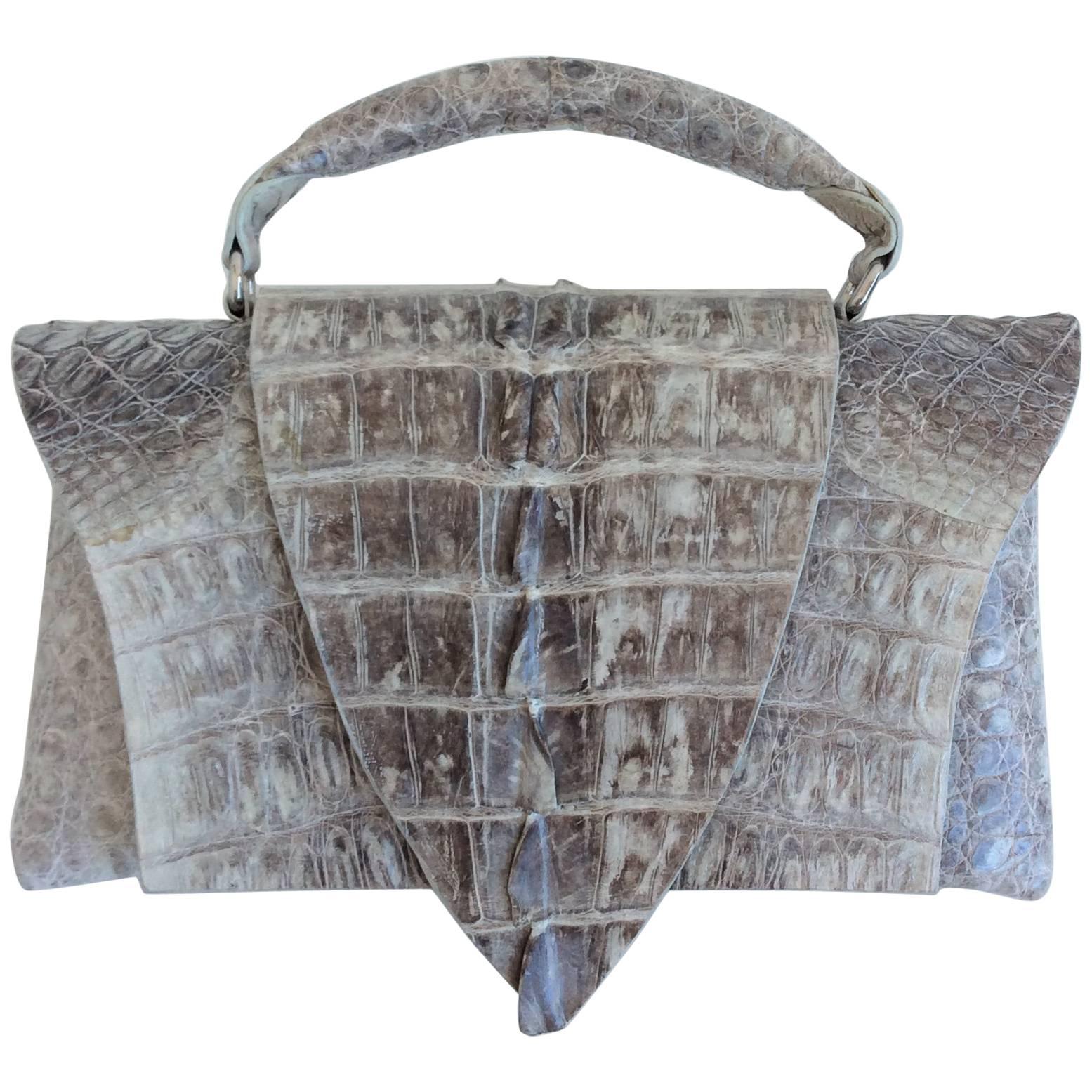 B. Romanek Gray Crocodile Rockstar Clutch Bag with Handle For Sale