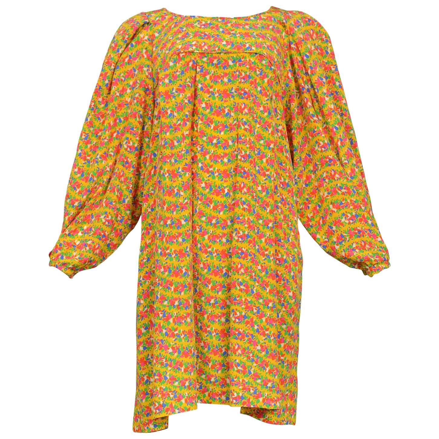 Vintage Yves Saint Laurent 1970s Yellow Floral Smock Dress