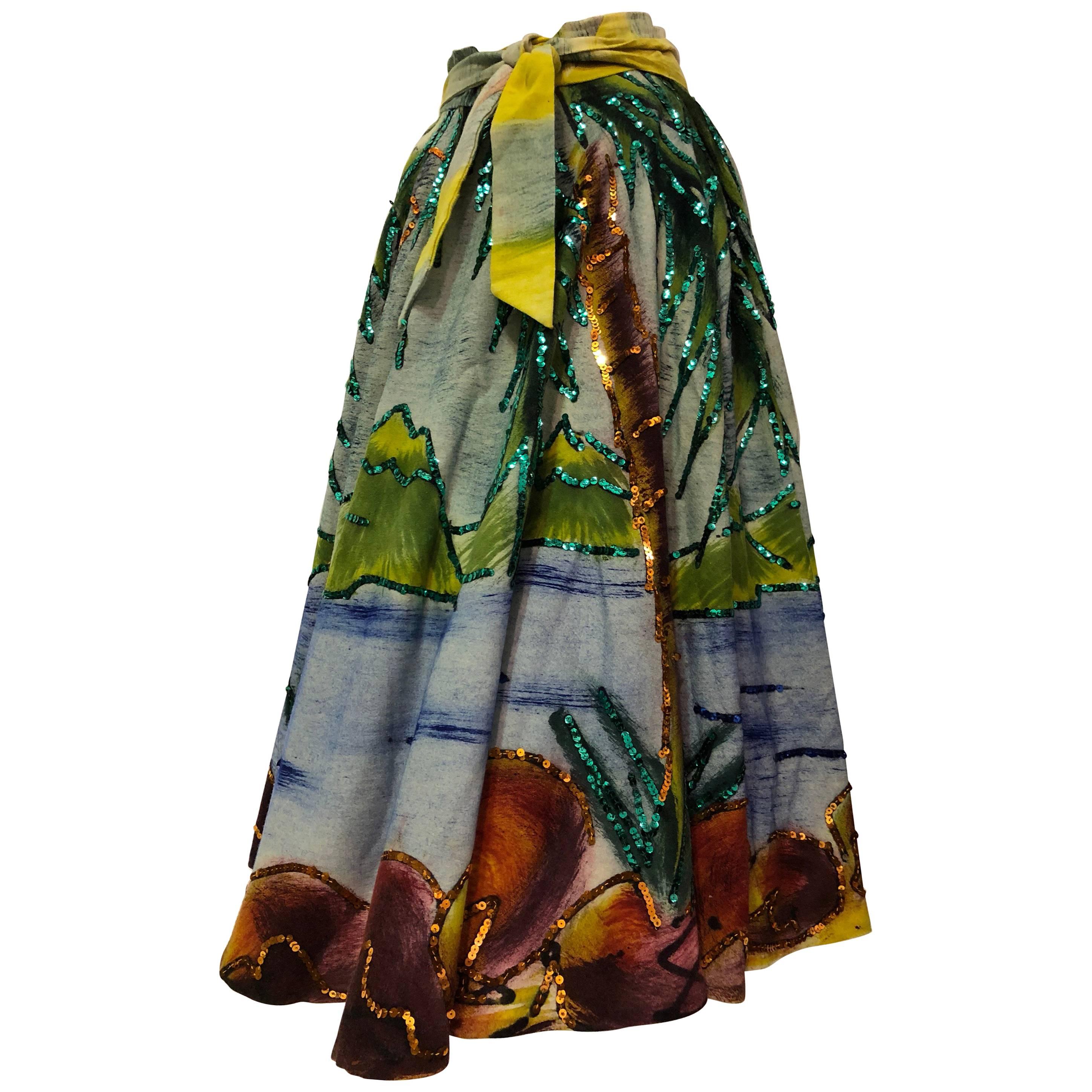 Maya Tropical Hand-Painted Lightweight Wool Circle Skirt With Sequins, 1950s 