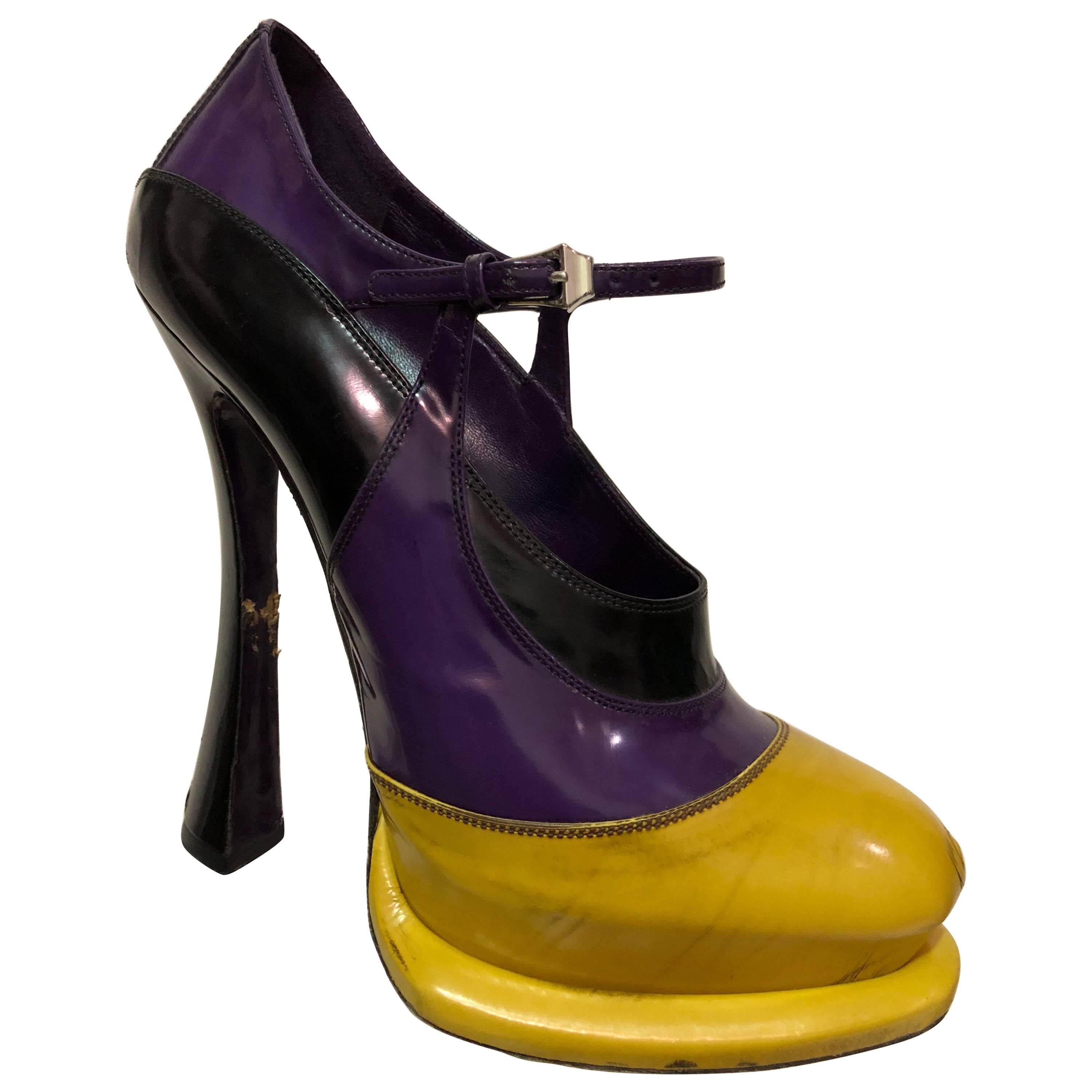 Prada Canary Yellow Purple & Black Fetish-Style Platform Mary Jane Heels