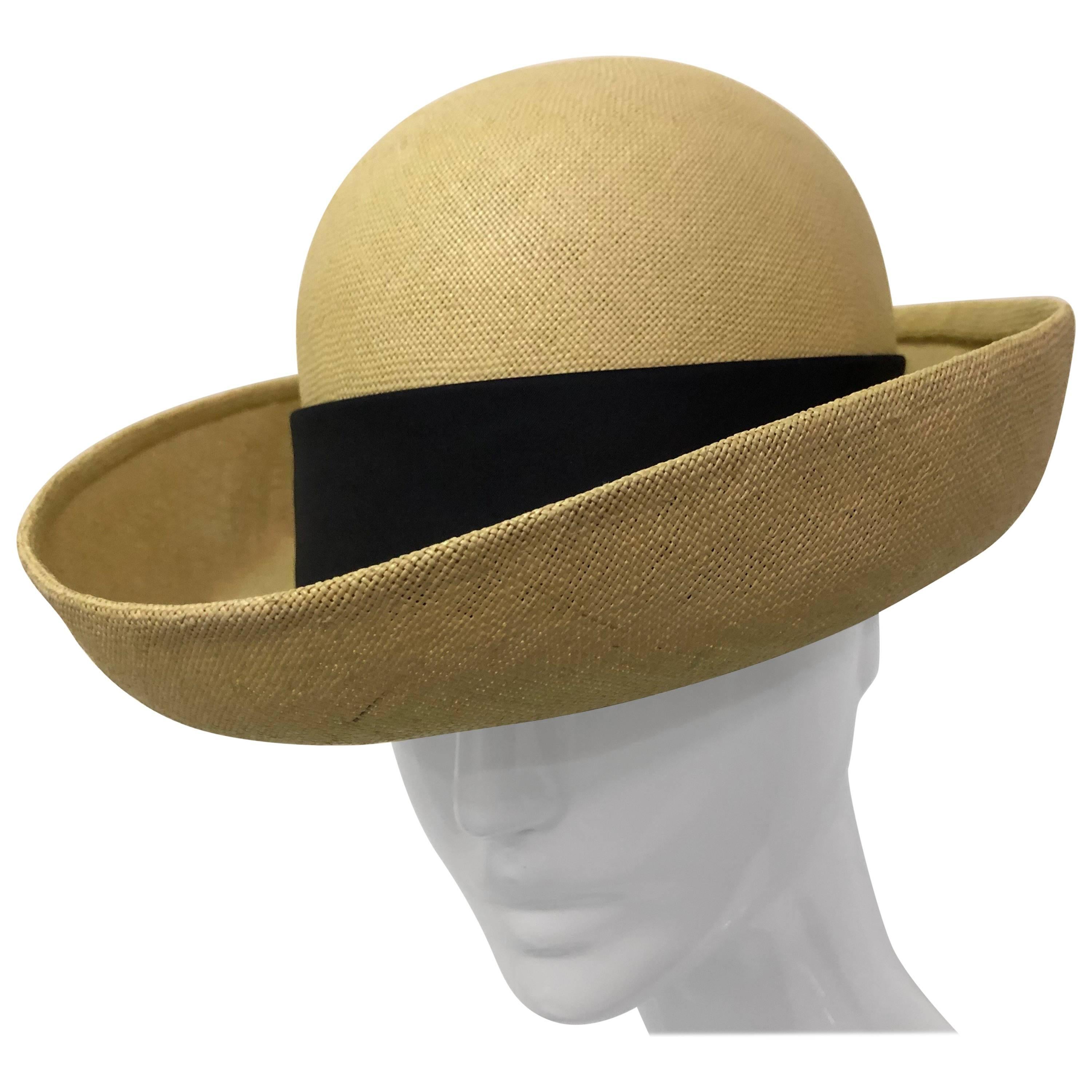 Galanos Panama Weave Boater Style Tailored Summer Hat, 1960s 