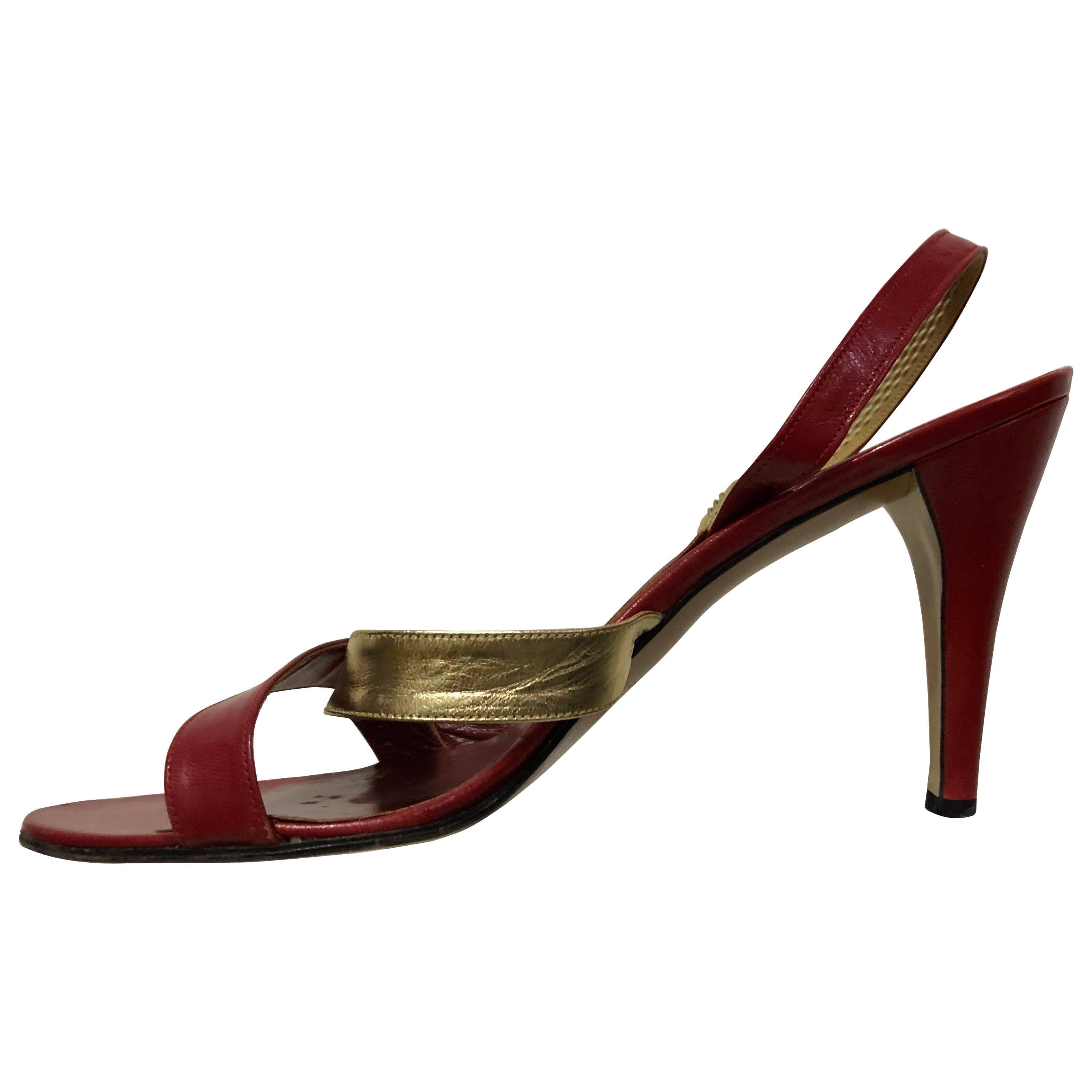 1970s Yves Saint Laurent Gold & Red Leather High Heel Sling-Back Sandals