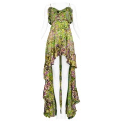 Roberto Cavalli Grünes Chiffon-Minikleid mit Blumenmuster und Schleppe