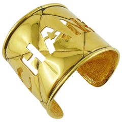 Chanel Vintage Gold Toned Quilted Cut Out Cuff Bracelet