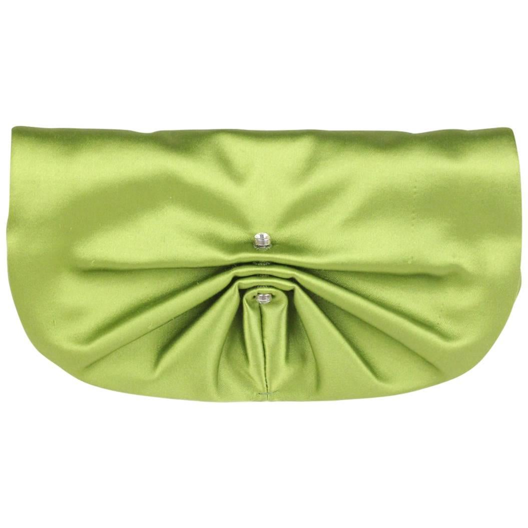 YVES SAINT LAURENT Green Satin Clutch Evening Bag with Crystals