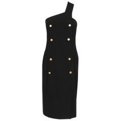 Chanel Boutique Black Linen One Shoulder Asymmetric Double-Breasted Dress, 1995