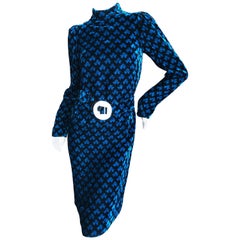 Cardinali 1970's Navy Blue Velvet Cocktail Dress with Rhinestone Crystal Belt