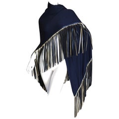 Cardinali Navy Blue Wool Jersey Wrap with Long Gold Leather Fringe, 1970s