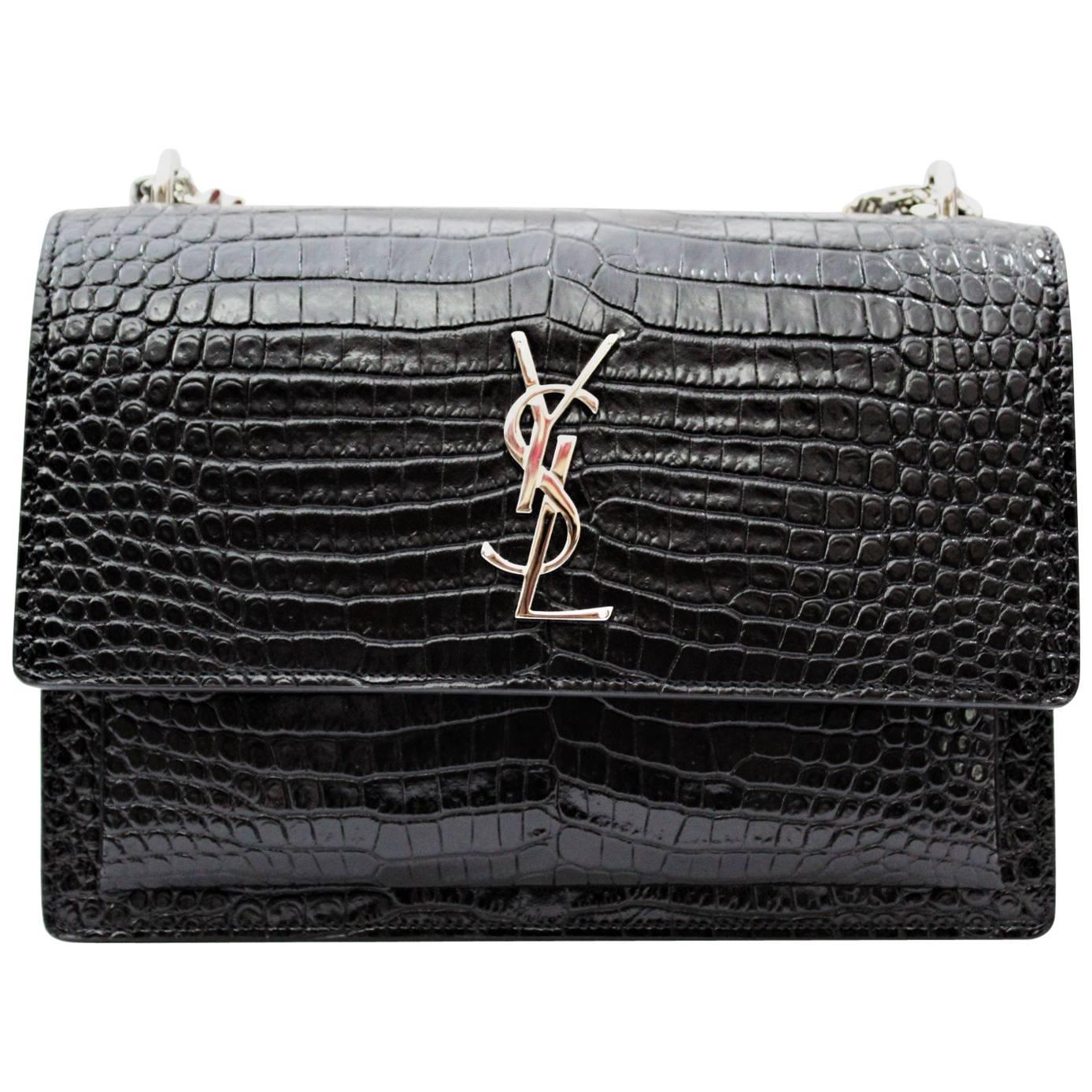 Yves Saint Laurent Sunset Bag Black Leather Crocodile Print