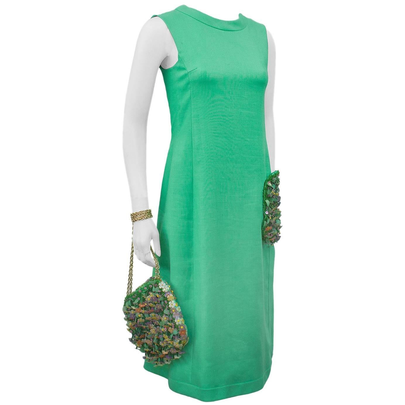 Maggy Reeves Couture Green Dress with Embellished Pocket and Handbag, 1960s  For Sale