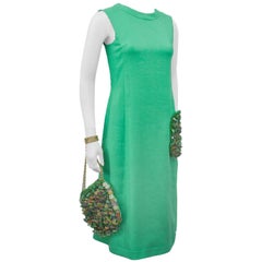 Maggy Reeves Couture Green Dress with Embellished Pocket and Handbag, 1960s 