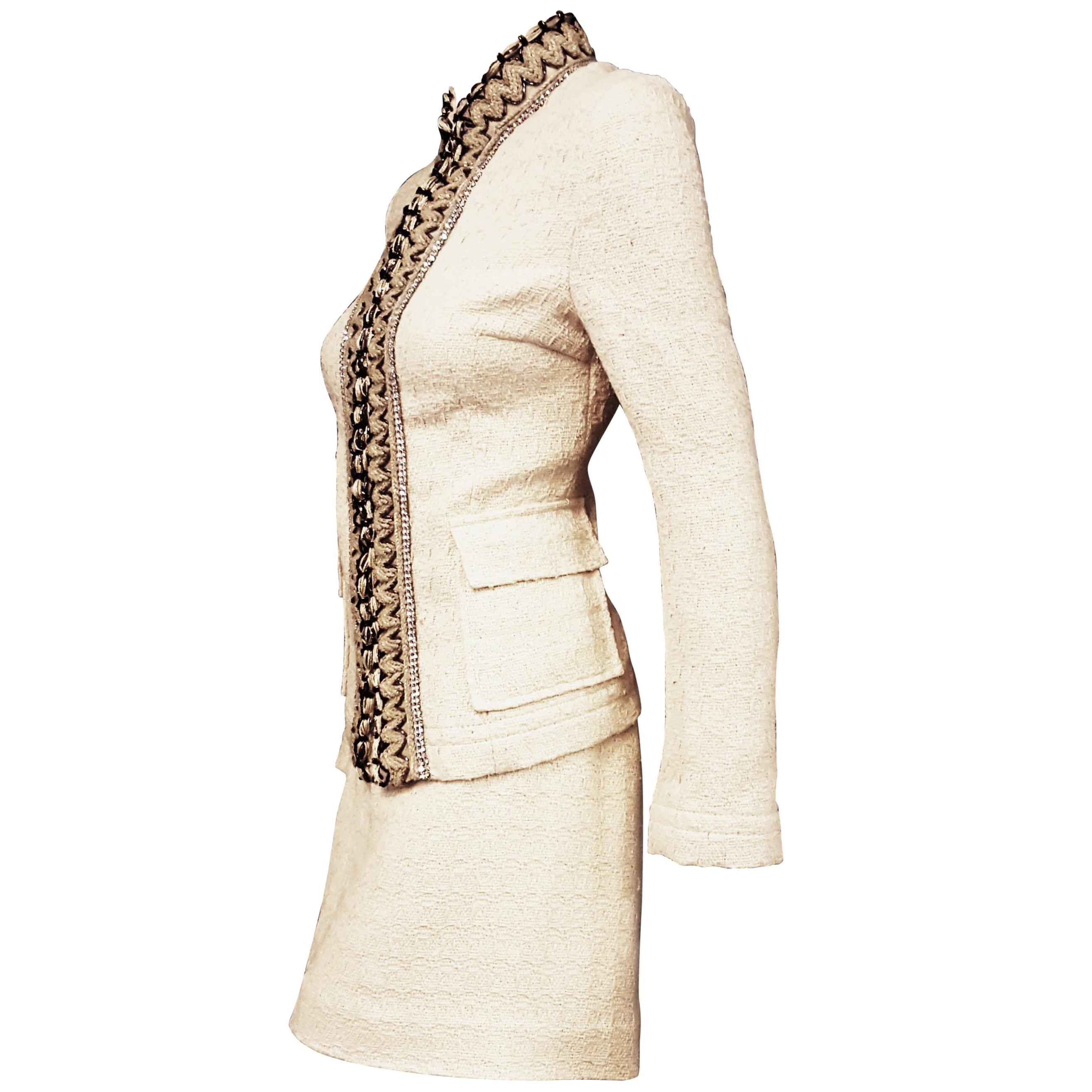 Dolce & Gabbana Silk/Cotton Beige Skirt Suit w/ Beaded Up Collar & Front Placket For Sale