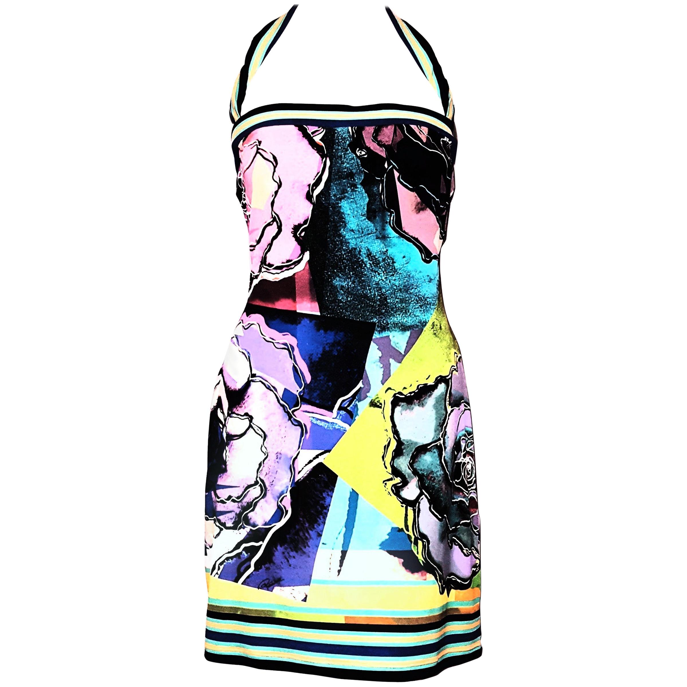 Roberto Cavalli Modern Floral Print Multi Color Strap Short Dress 