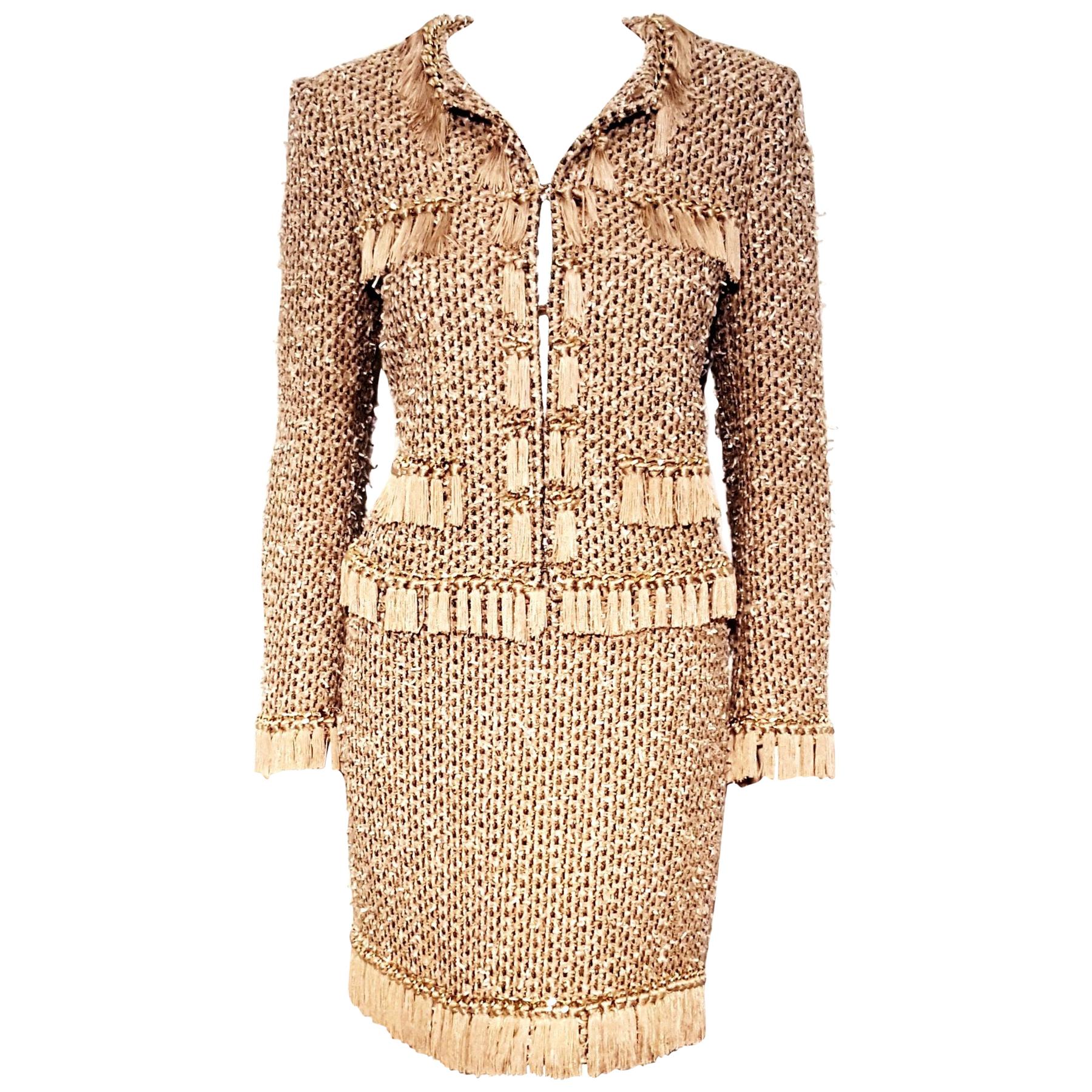 Moschino Taupe / Gold Tone / Black Cropped Fringe Skirt Suit 