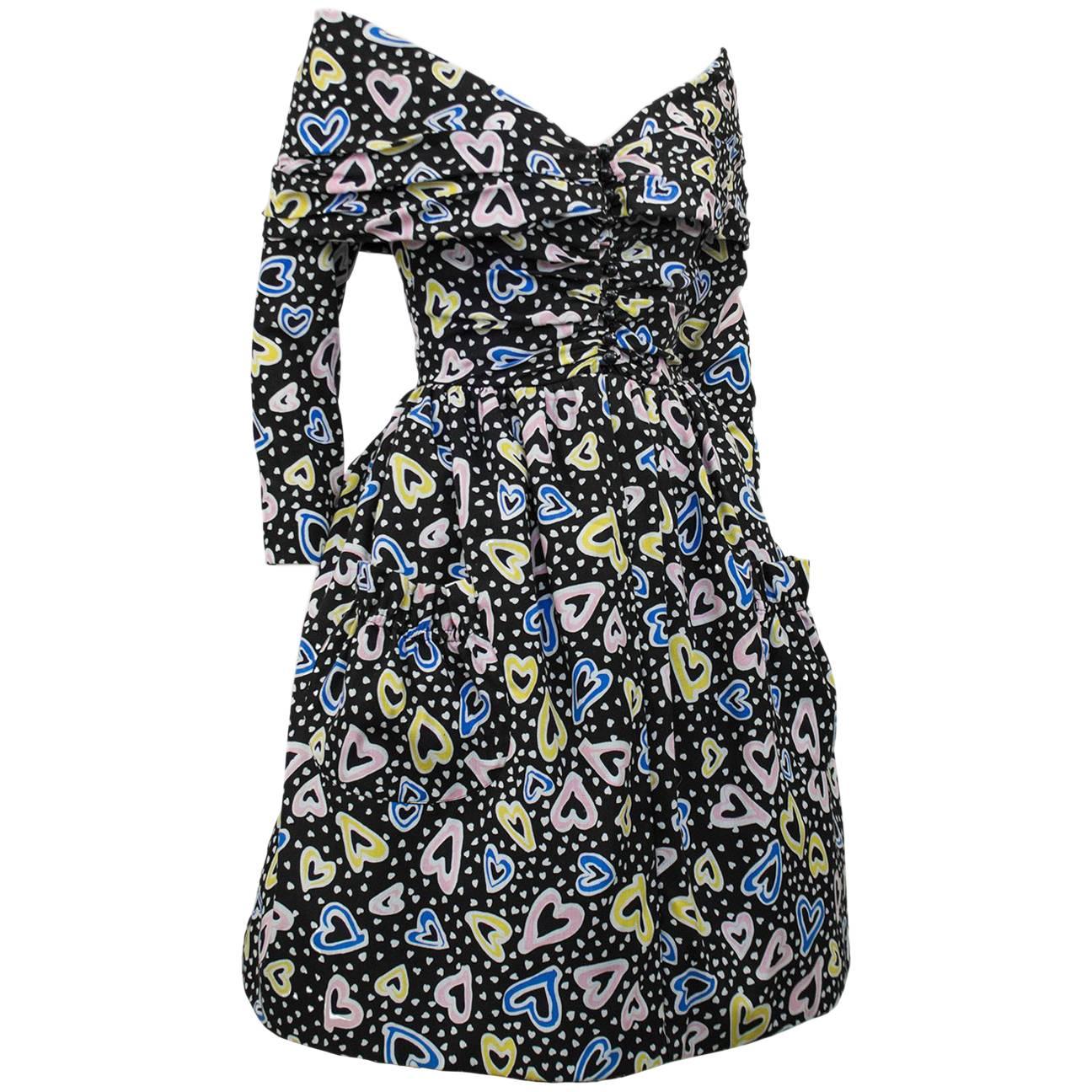 Victor Costa Heart Print Cocktail Dress, 1980s 