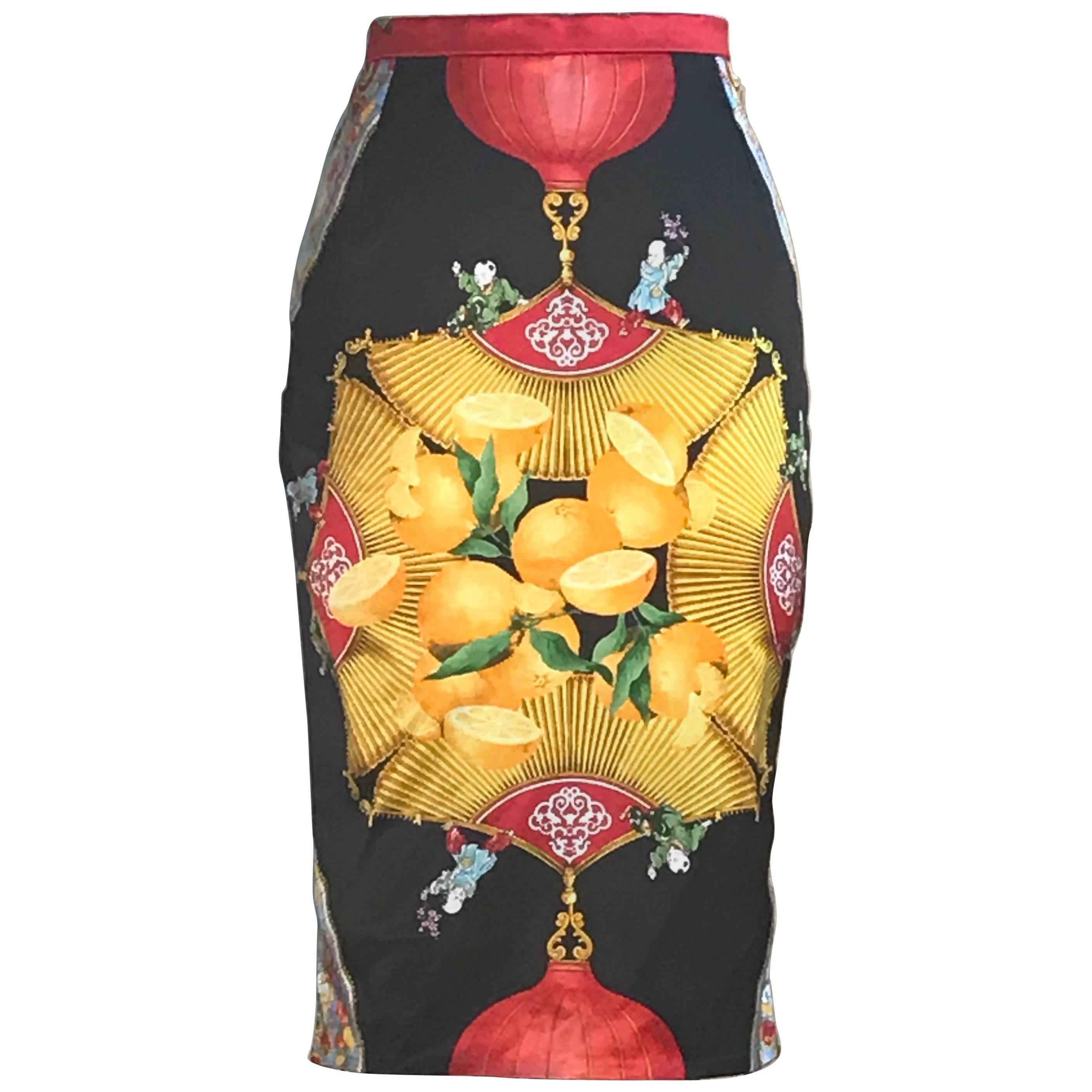 Dolce & Gabbana Orange Lemon Asian Inspired Pencil Skirt, 1990s  