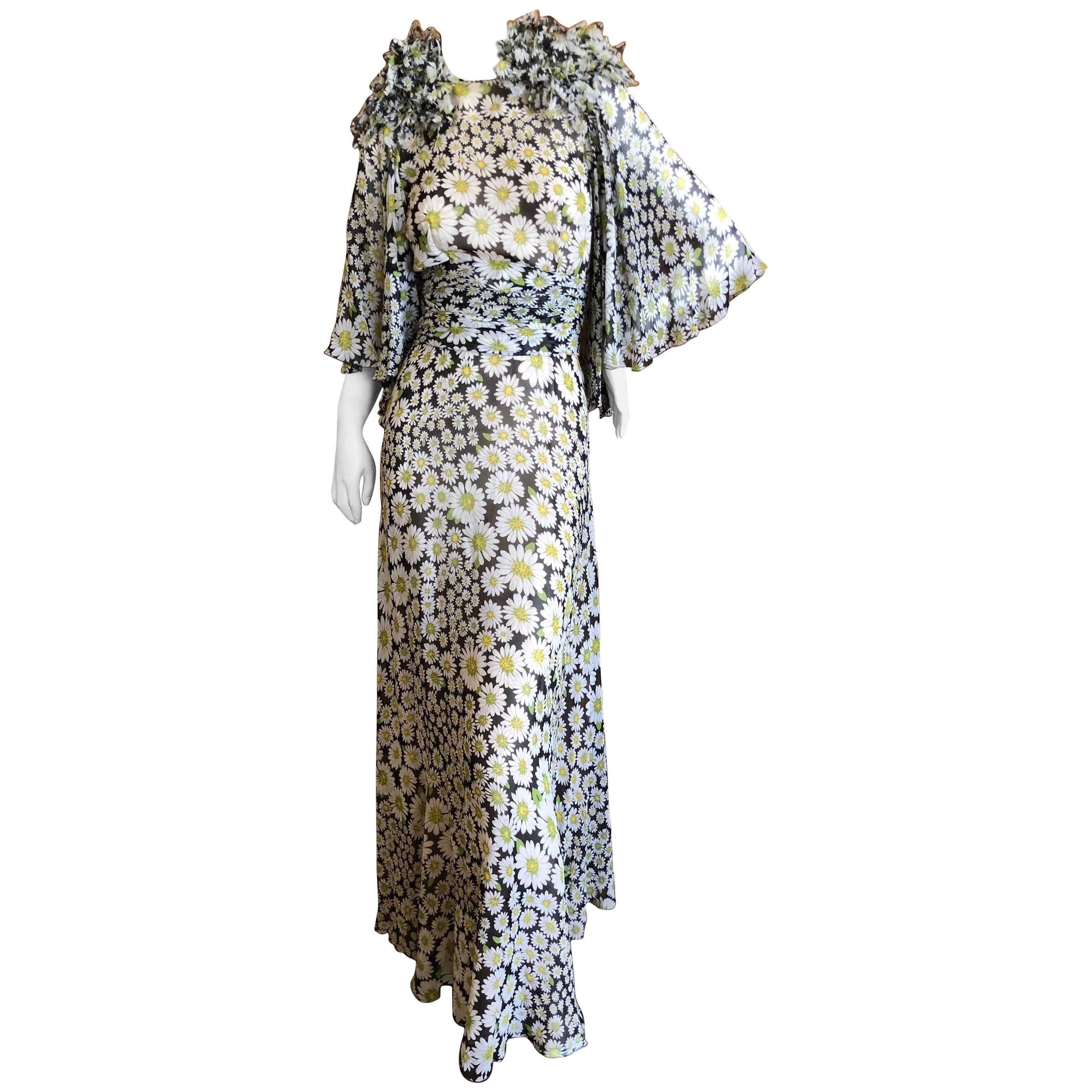 Cardinali Daisy Print Silk Chiffon Bell Sleeve Evening Dress, 1970s  For Sale