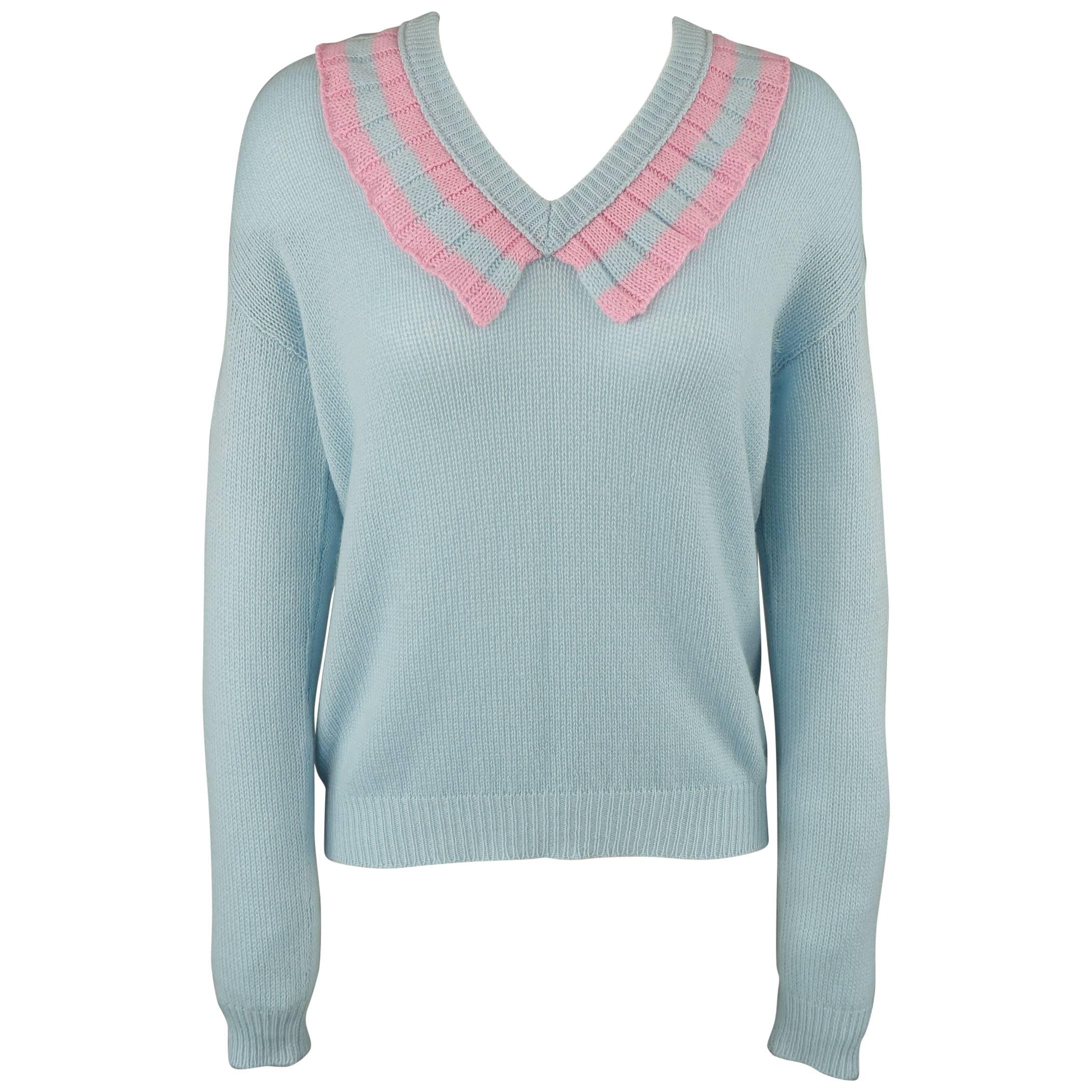 Prada Light Blue Cashmere Pink Ruffled V Neck Sweater