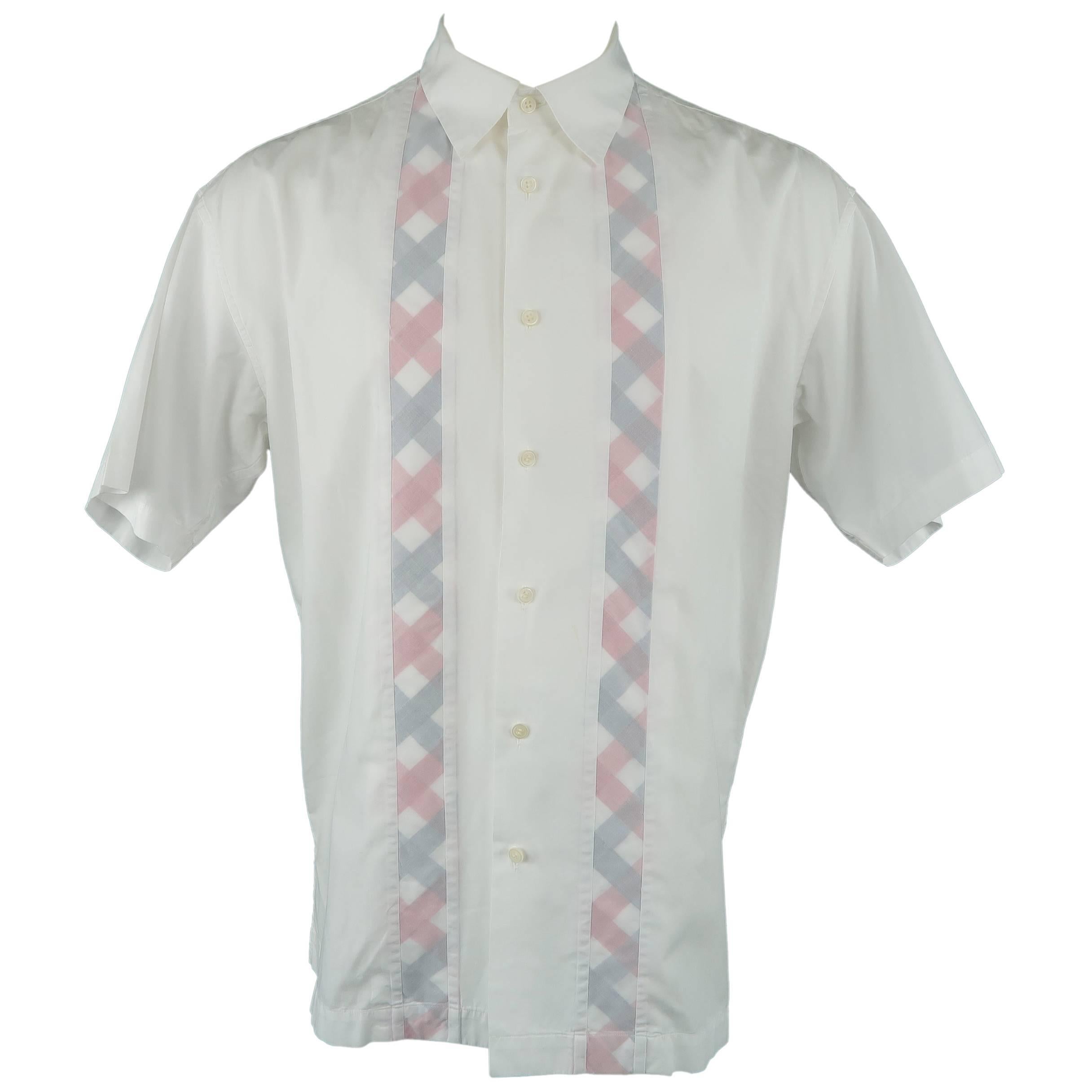 Issey Miyake Men's White Cotton Plaid Stripe Short Sleeve Shirt