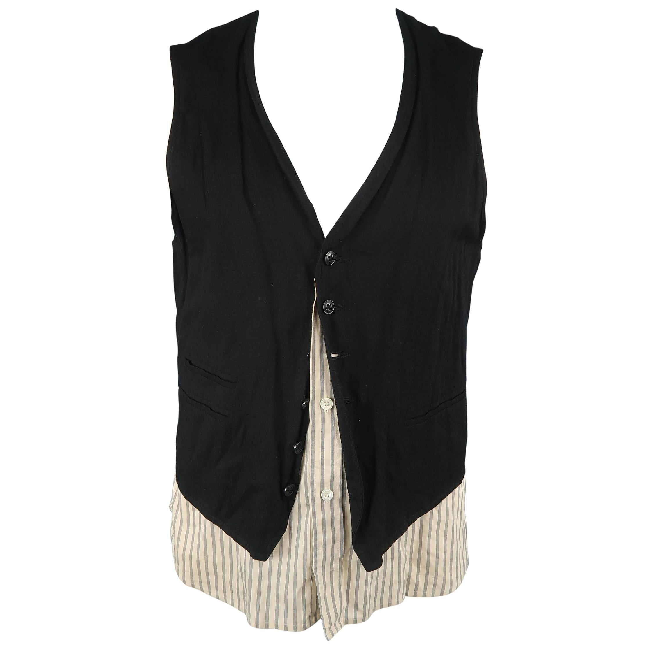 Ann Demeulemeester Men's Black and Beige Striped Shirt Layered Vest