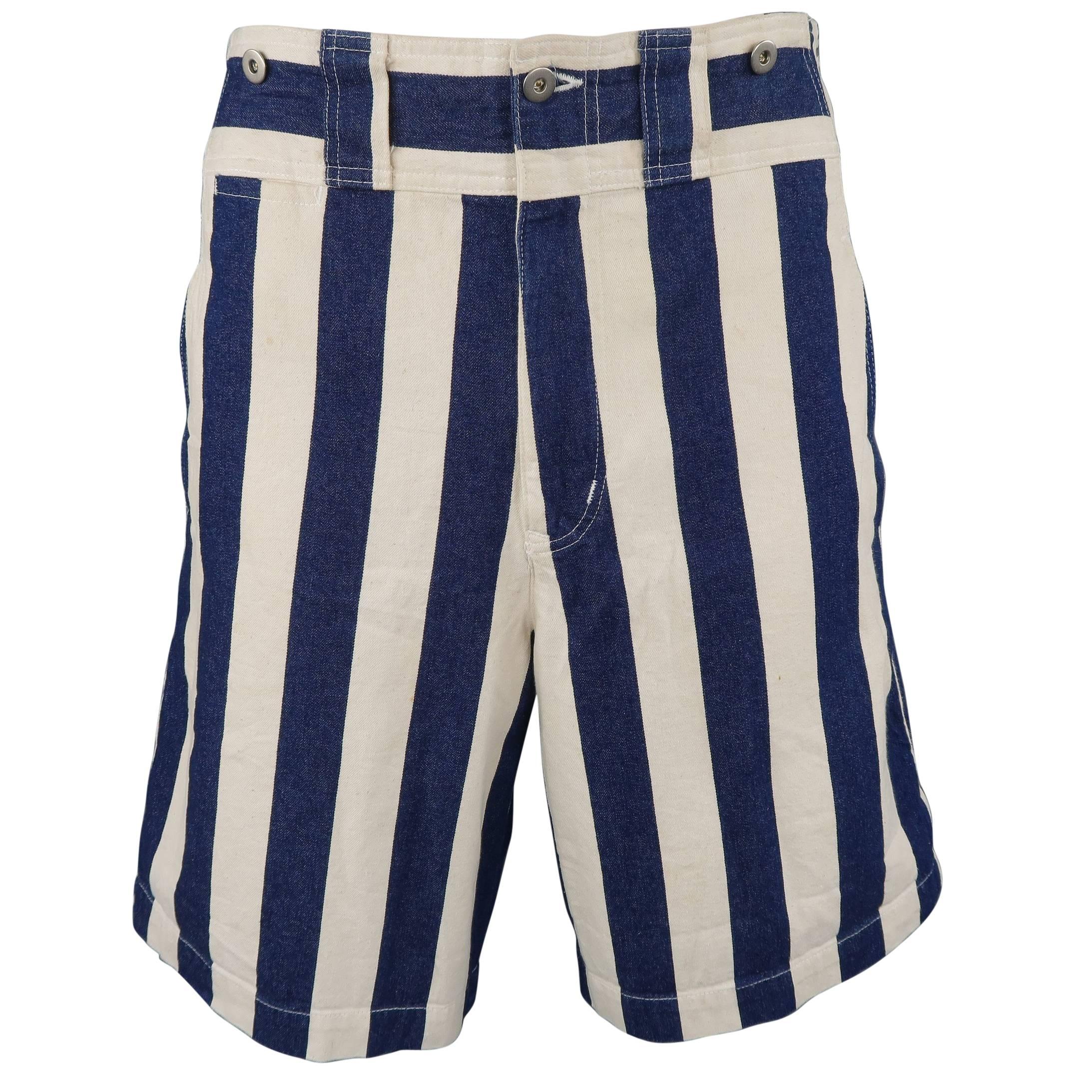 Issey Miyake Men's Beige and Navy Stripe Cotton Sailor Button Shorts