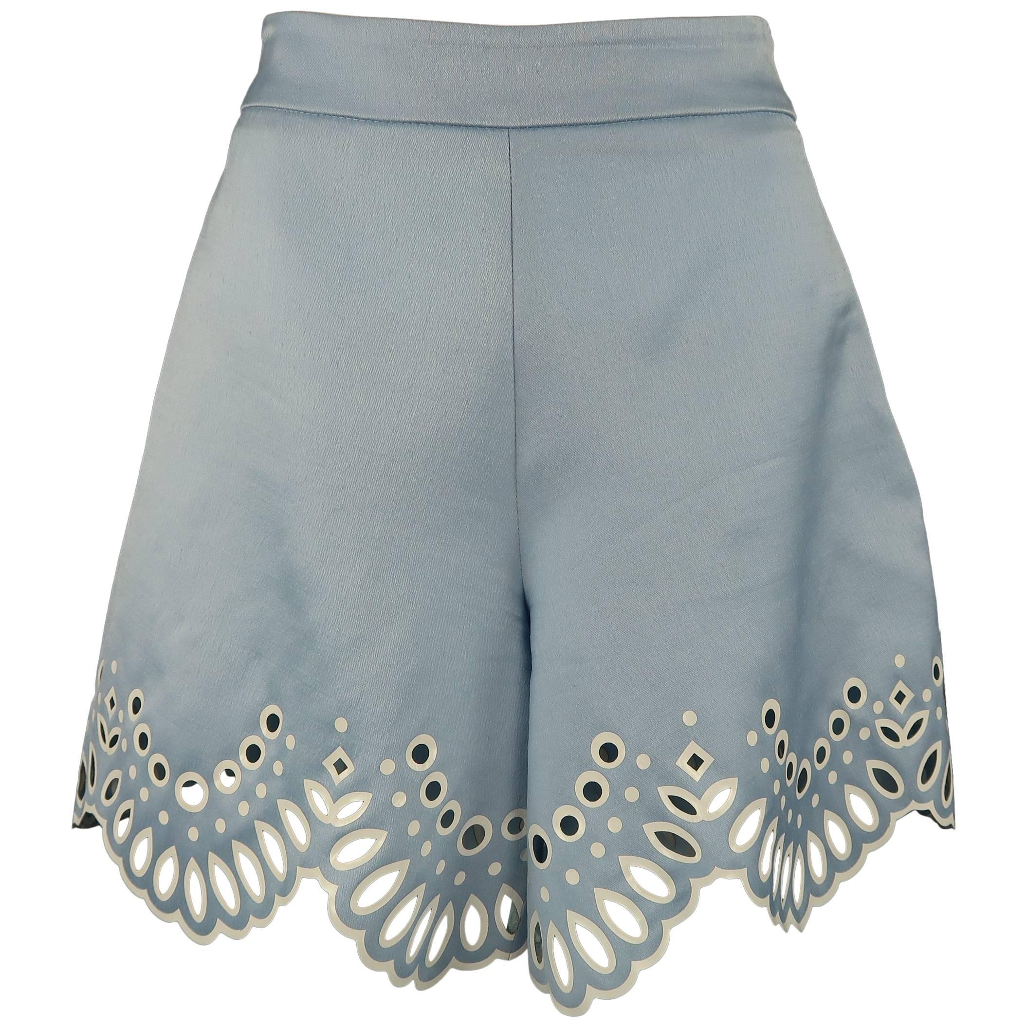 Oscar De La Renta Light Blue Silk Wool Cutout Scalloped Shorts