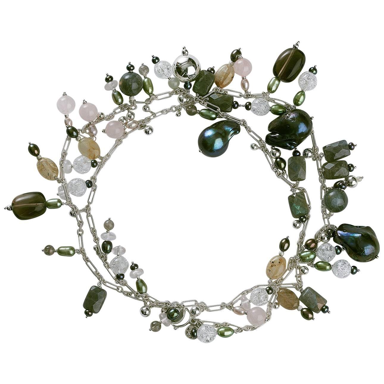 Rock Lily ( NEW ) Cultured Black Baroque Pearl Multicolored Opera Drop Necklace For Sale