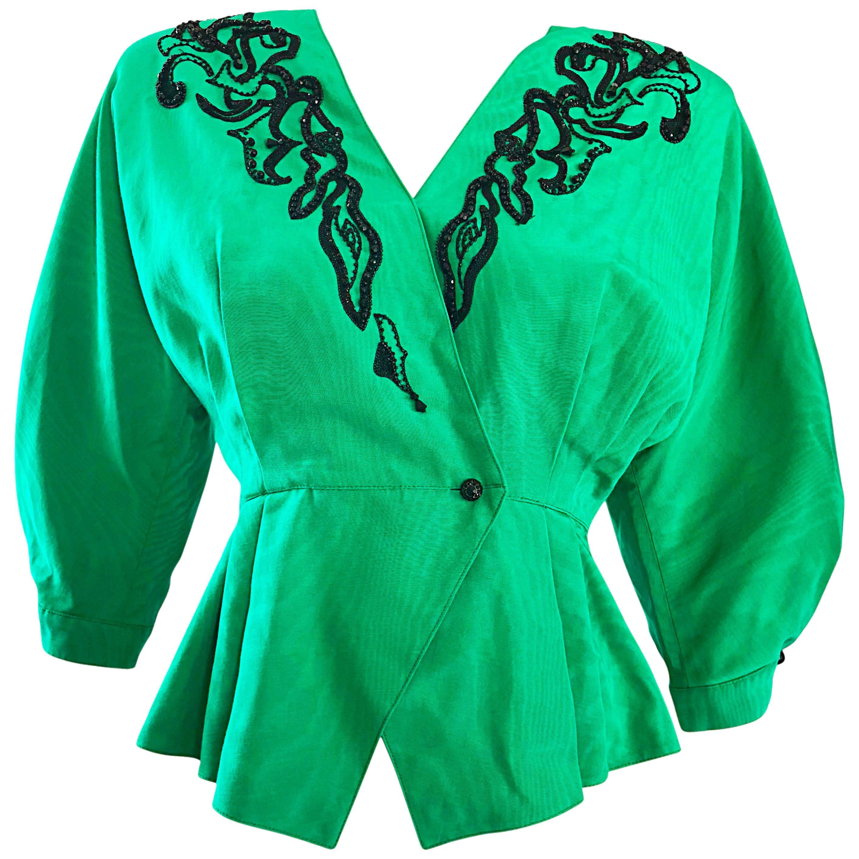 Vintage Emanuel Ungaro 80s Kelly Green Black Gorgeous Beaded Silk Moire Jacket For Sale