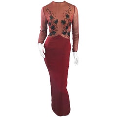 Vintage Givenchy Couture by Alexander McQueen Maroon Silk Chiffon Beaded Gown